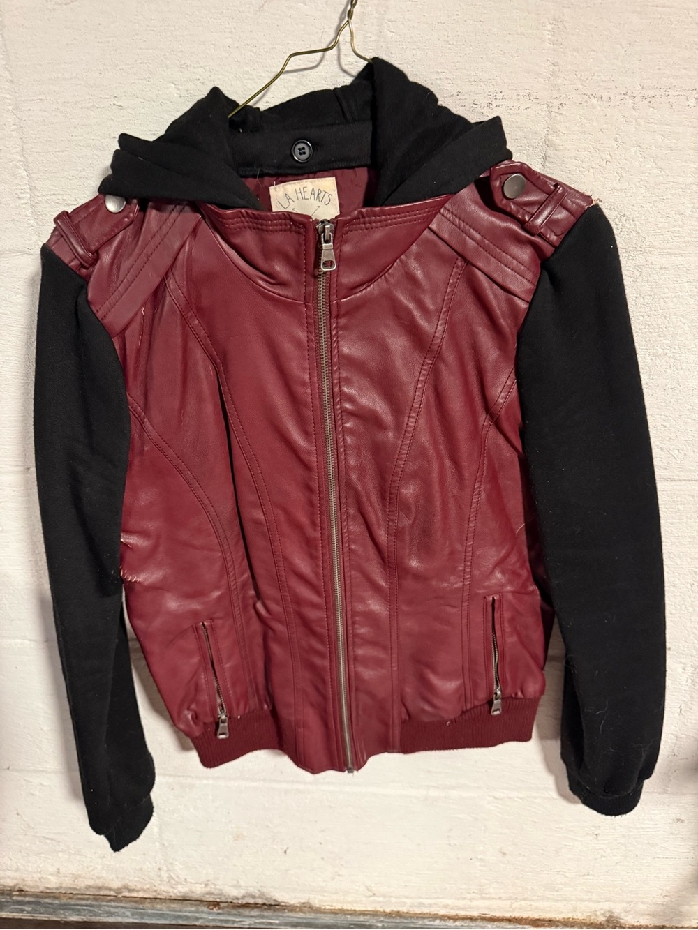 La Hearts Burgundy Faux Leather Jacket with Black Knit Sleeves